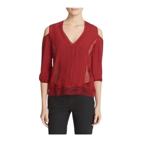 Alice+Olivia Farah Lace Inset Silk Cold Shoulder Top, size XS - Picture 1 of 7